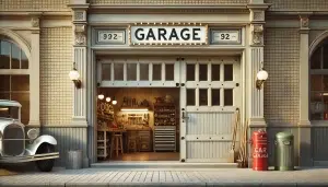 Entrée d'un garage rétro avec détails vintage, sans texte ni enseigne, et porte ouverte sur l'espace de travail