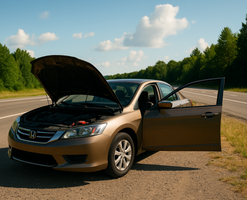 voiture en panne sur le bord d’une route en été, capot ouvert