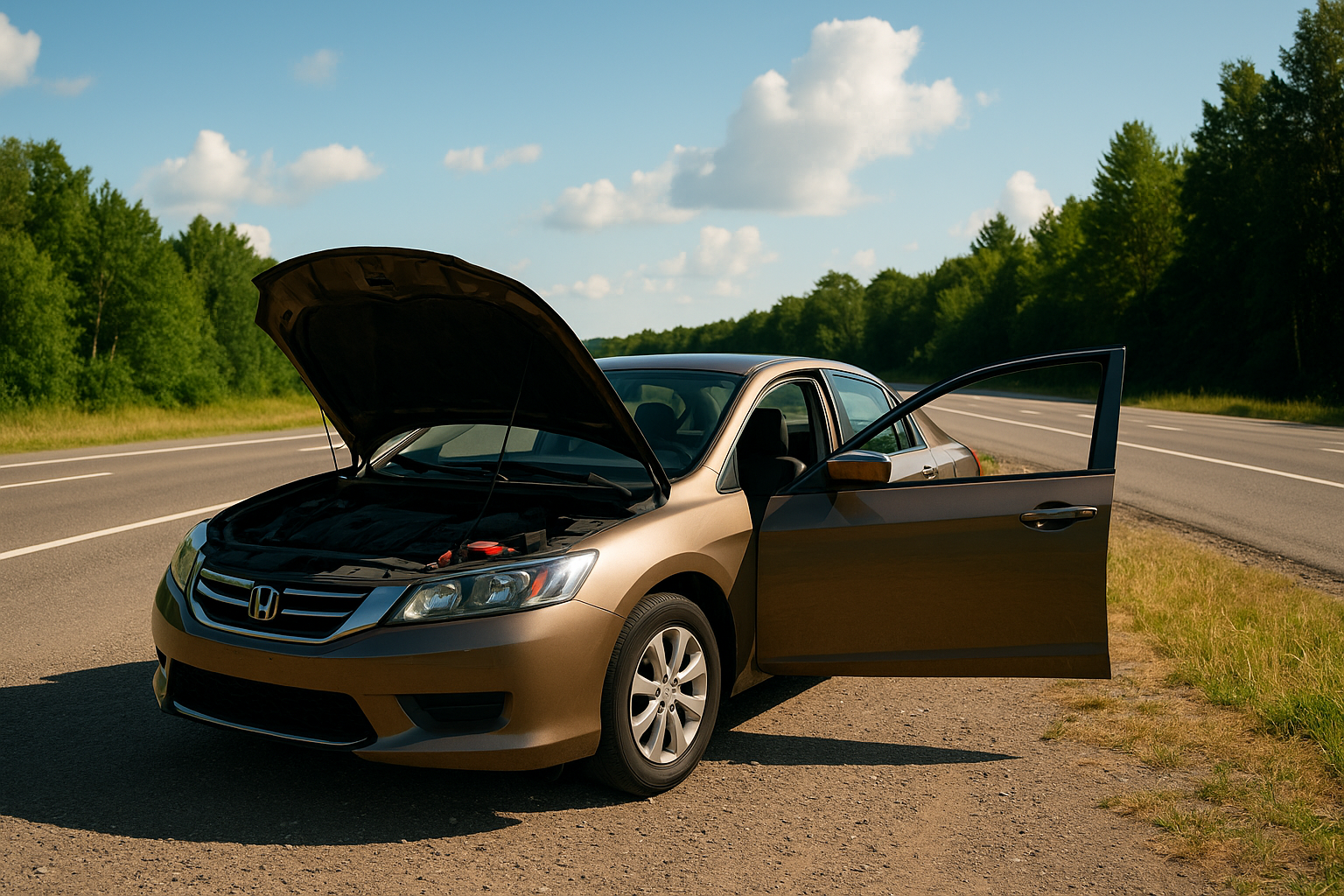 voiture en panne sur le bord d’une route en été, capot ouvert