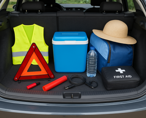 Équipements obligatoires et estivaux disposés dans le coffre d’une voiture avant un départ en vacances