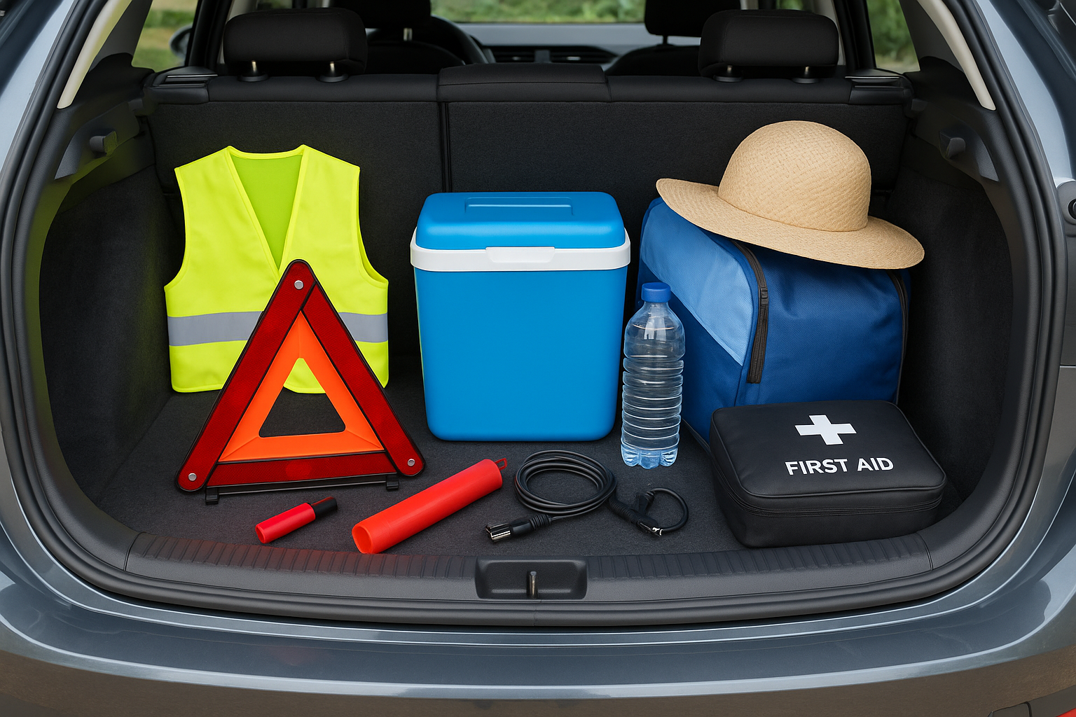 Équipements obligatoires et estivaux disposés dans le coffre d’une voiture avant un départ en vacances